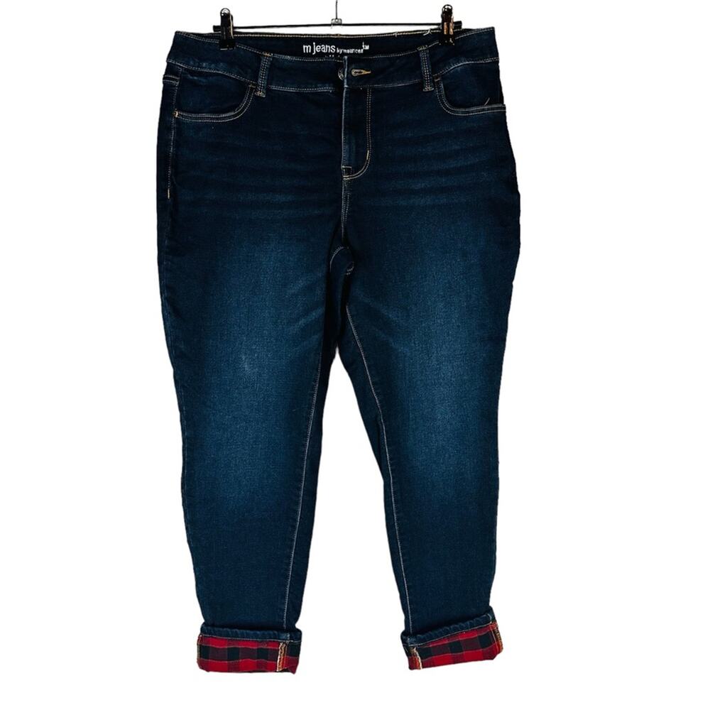 Maurices Womans Sz 16W Short Skinny‎ Jeans Blue Stretch Pockets Plaid Hem